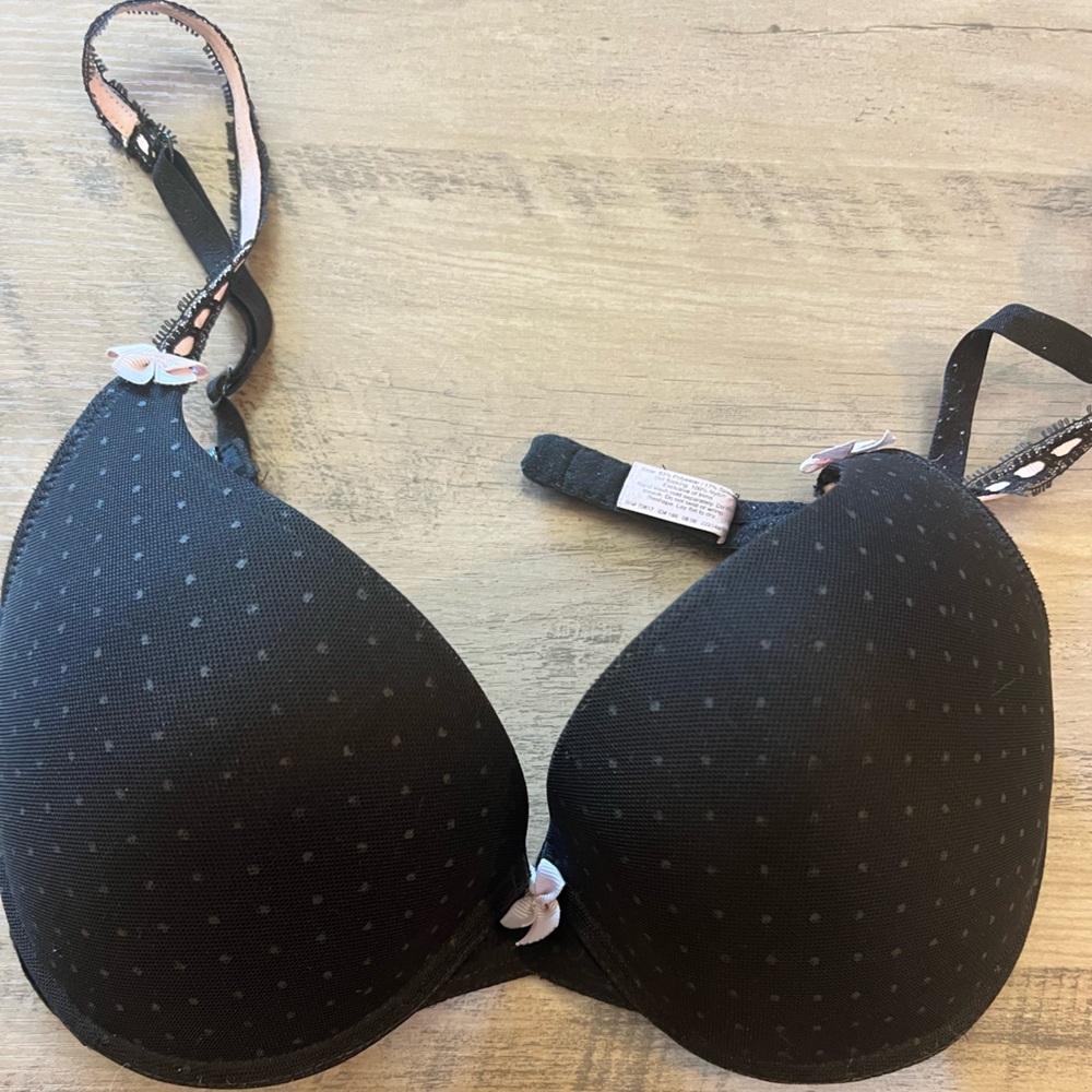 Black Polka Dot Lightly Padded Bra with Pink Bow Accent